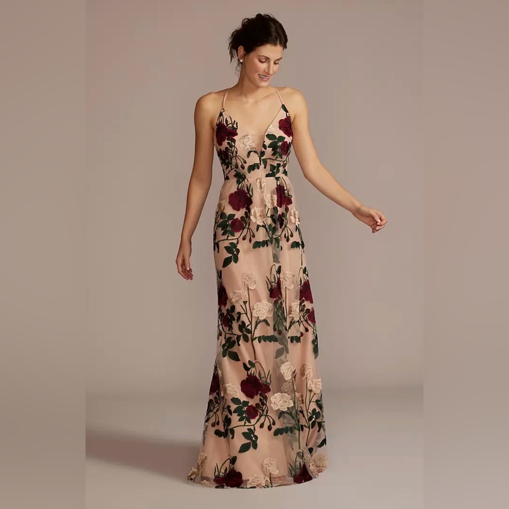 David's Bridal Floral Maxi Dress - Burgundy and Cream